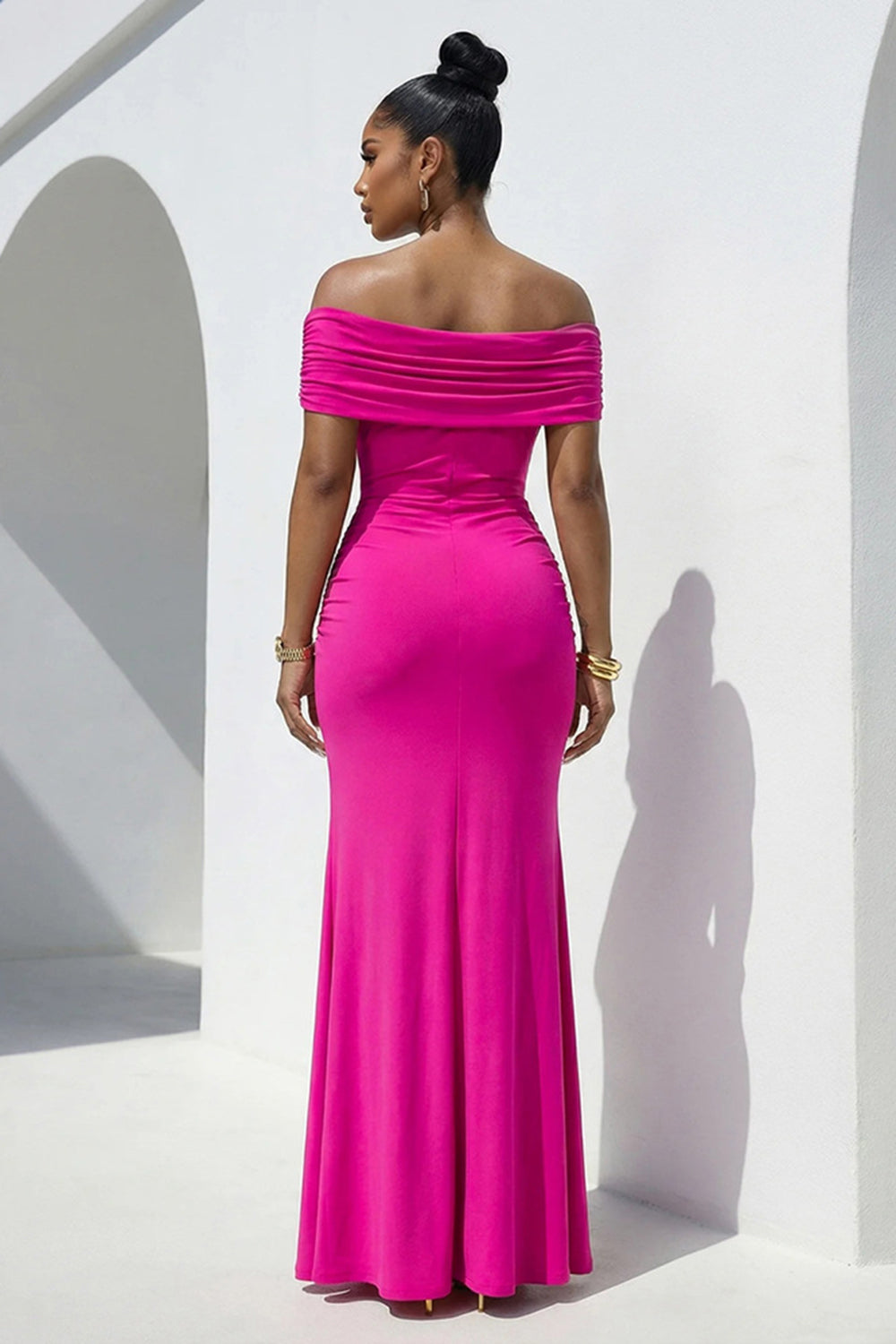 Off Shoulder Ruched Metal Decor Solid Color Slit Gowns Maxi Dresses-Fuchsia