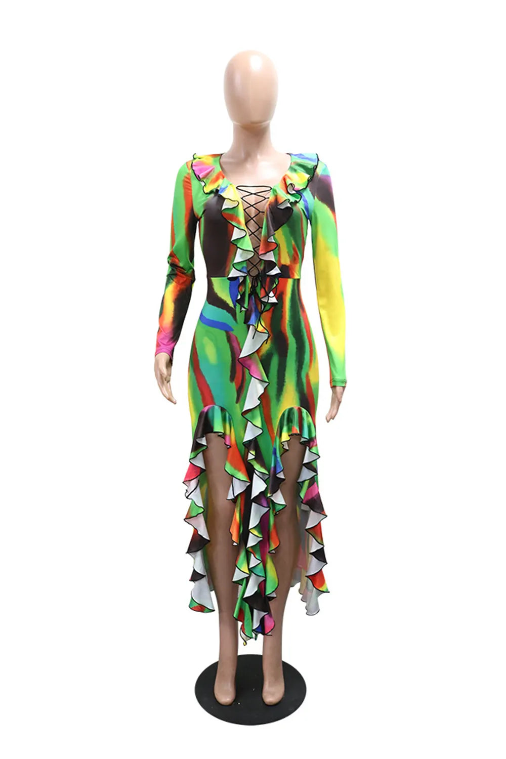 V Neck Ruffled Irregular Hem Slit Colorblock Vacation Maxi Dresses