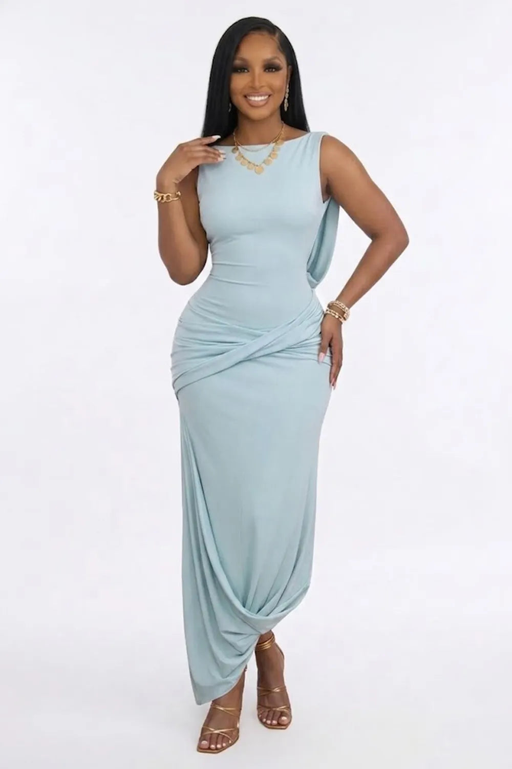 Solid Color Boat Neck Ruched Backless Sleeveless Gowns Maxi Dresses-Fuchsia
