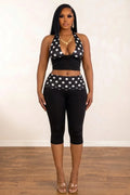 Polka Dot Print Halter Neck Crop Top Ruched Cargo Pants 2pcs Set-Black
