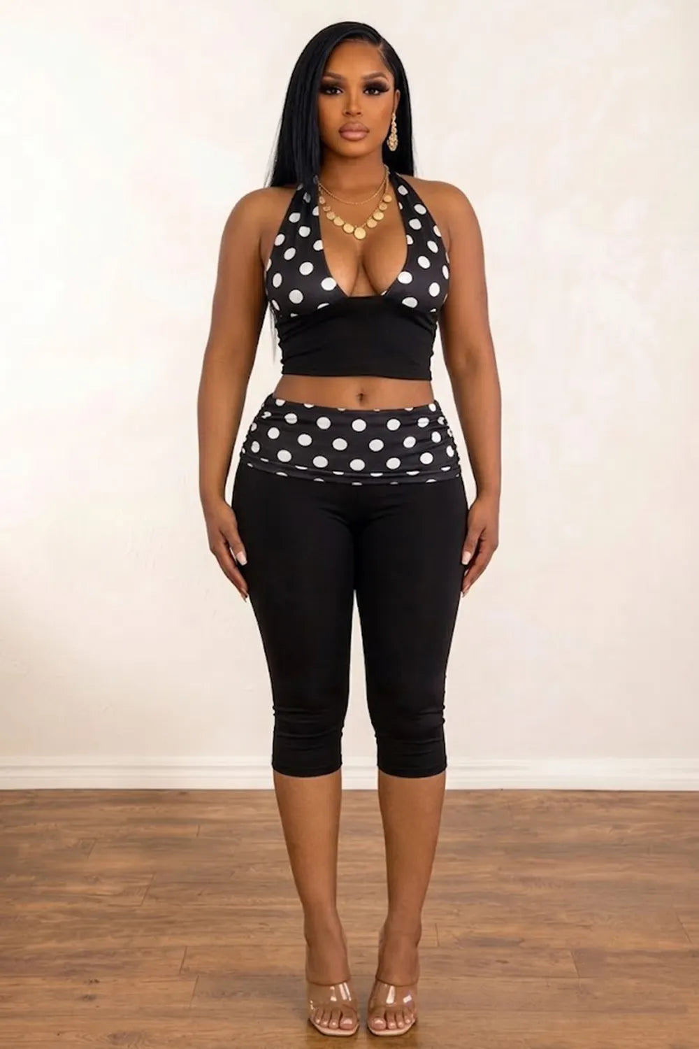 Polka Dot Print Halter Neck Crop Top Ruched Cargo Pants 2pcs Set-Black