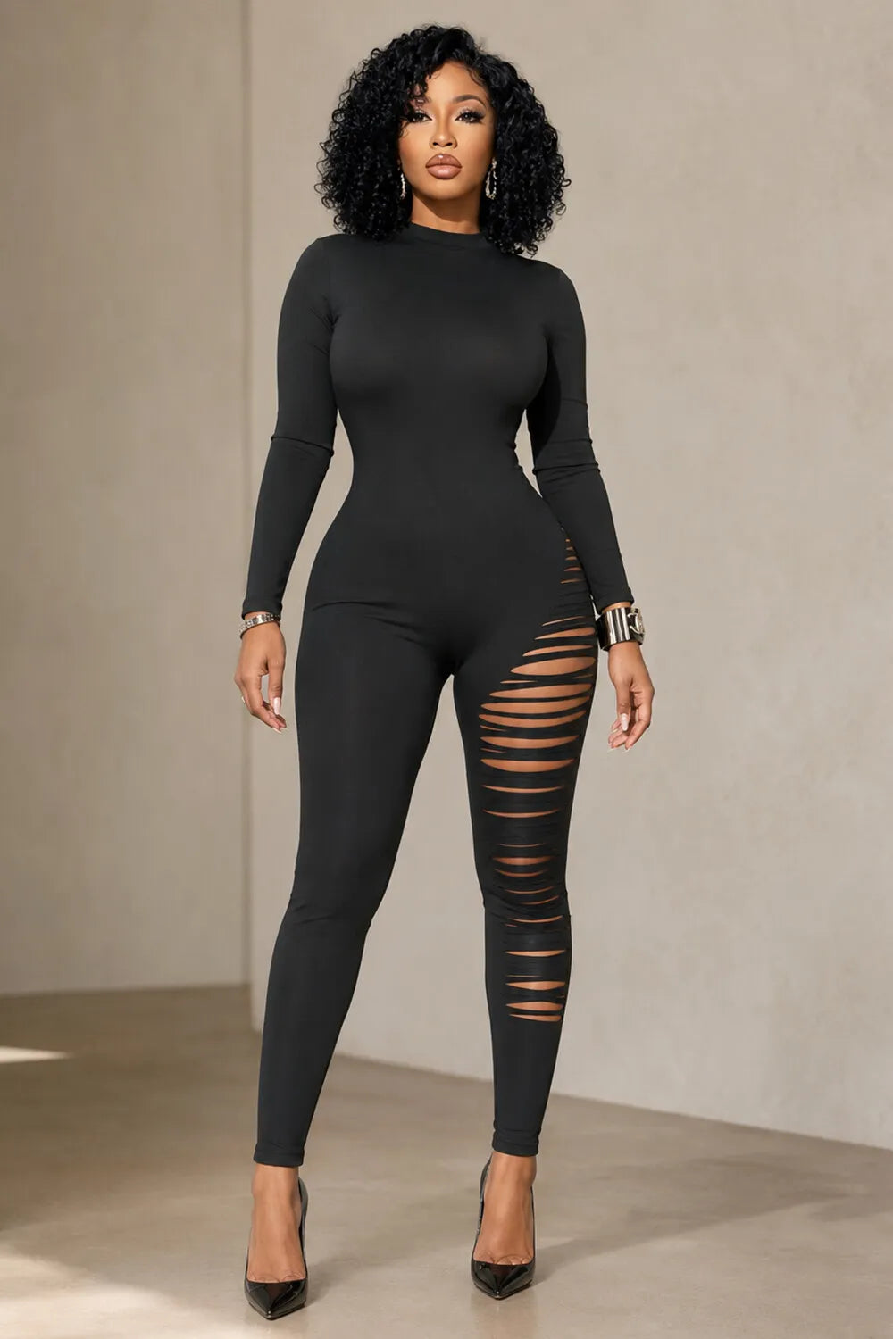 Round Neck Long Sleeve Ripped Slim Fit Casual Jumpsuit-Black