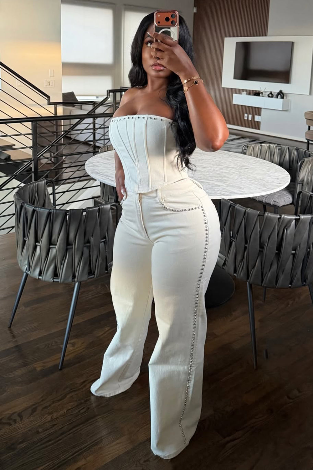 Solid Color Strapless Corset Top Slim Pants Casual 2pcs Set-White