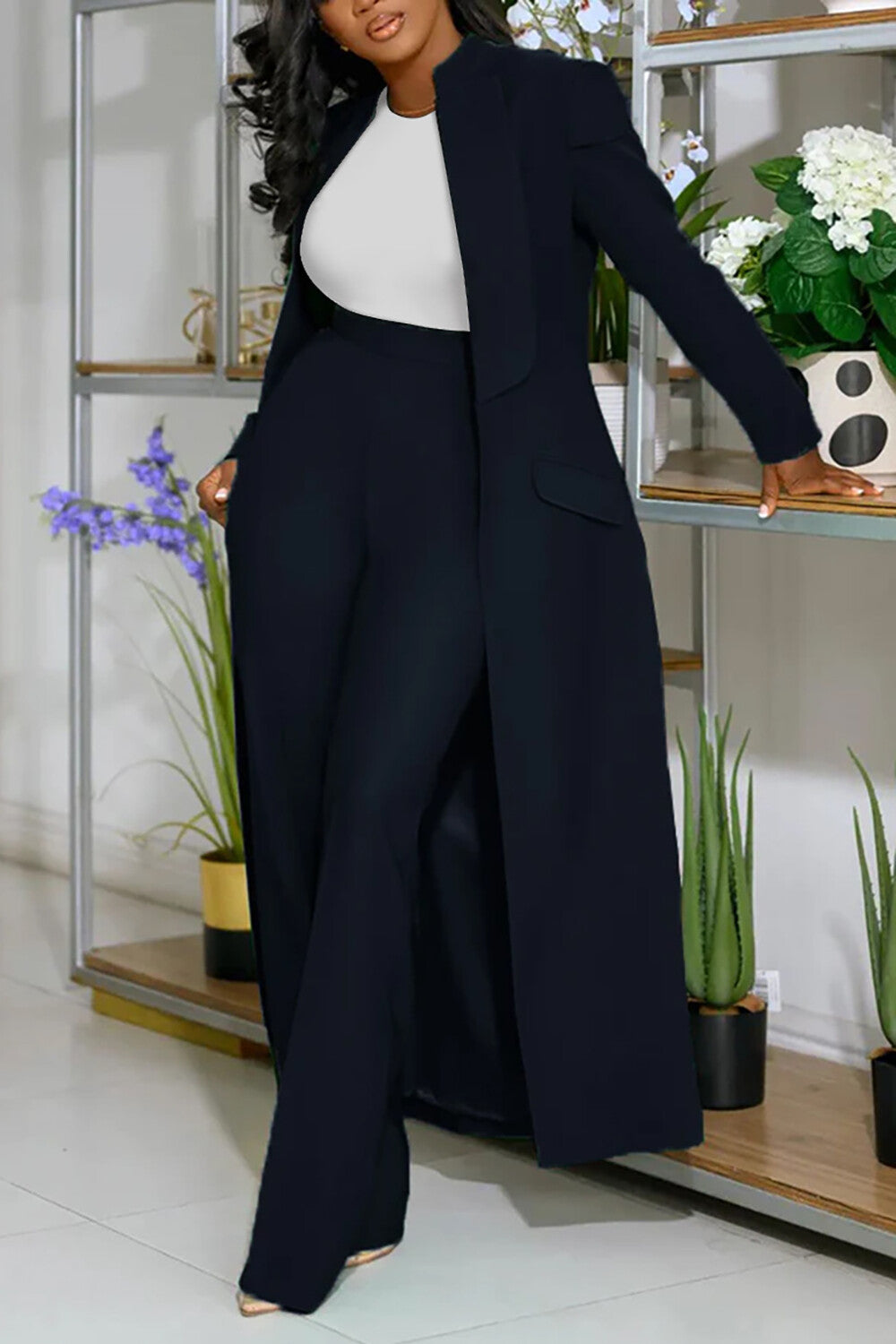 Collar Solid Color Long Blazer High Waist Pants 2pcs Set-Green