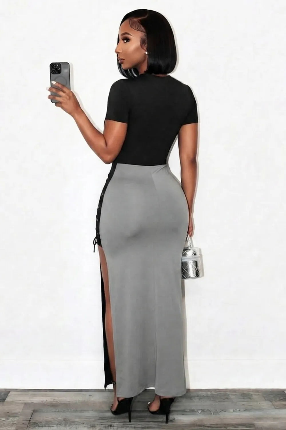 Round Neck Cut Out Patchwork Lace-Up Slim Maxi Dresses-Black