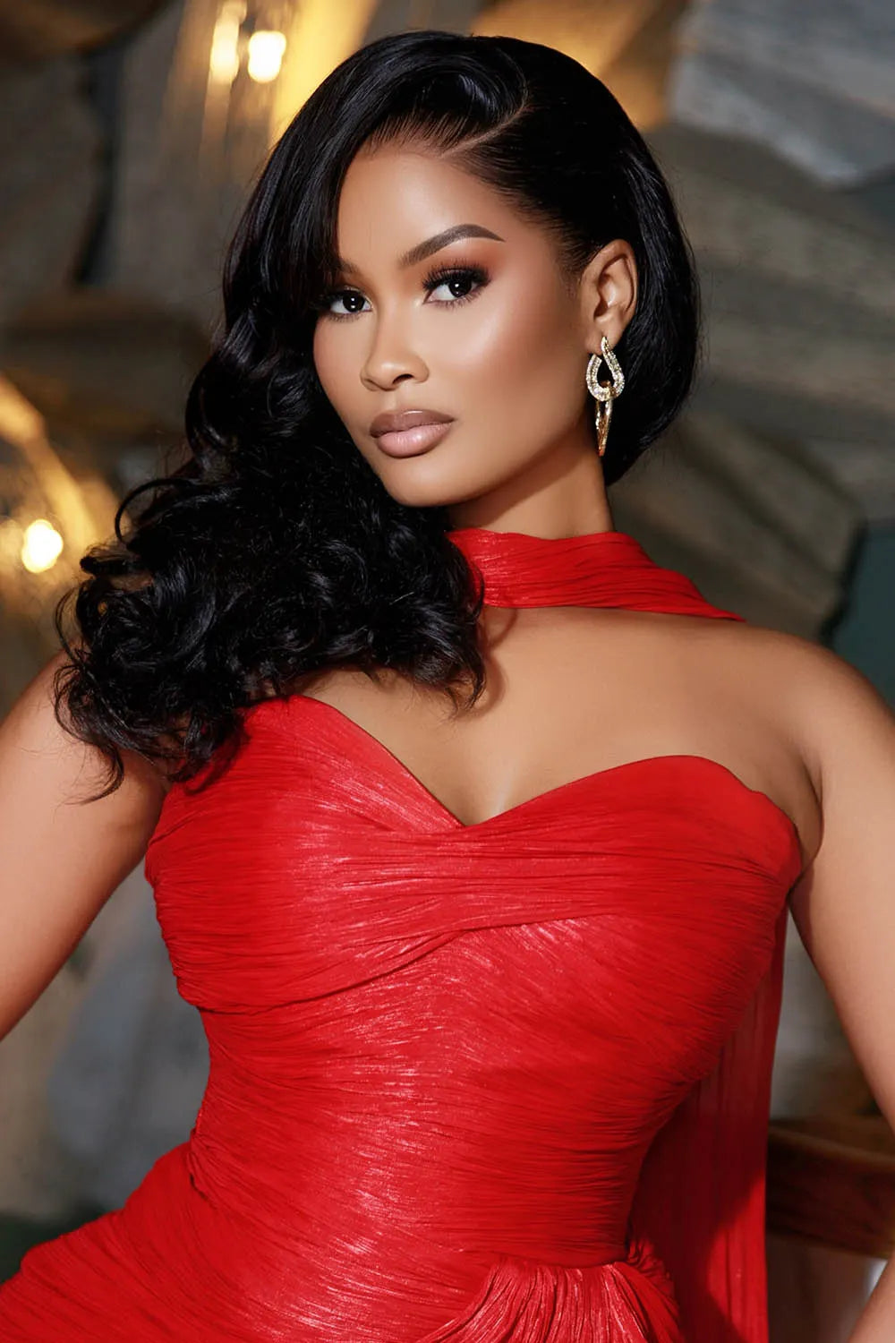 Strapless Halter Scarf Cinch Waist Slit Gowns Maxi Dresses-Red