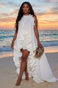 Mock Neck Sleeveless Ruffle Loose Fit Vacation Maxi Dresses-White