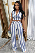 Striped  Collar Sleeveless Top Pants Casual 2pcs Set-Blue