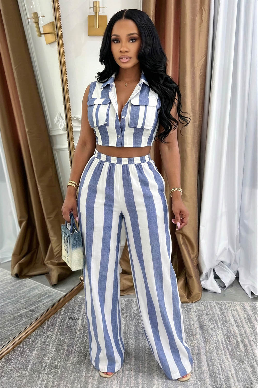 Striped  Collar Sleeveless Top Pants Casual 2pcs Set-Blue