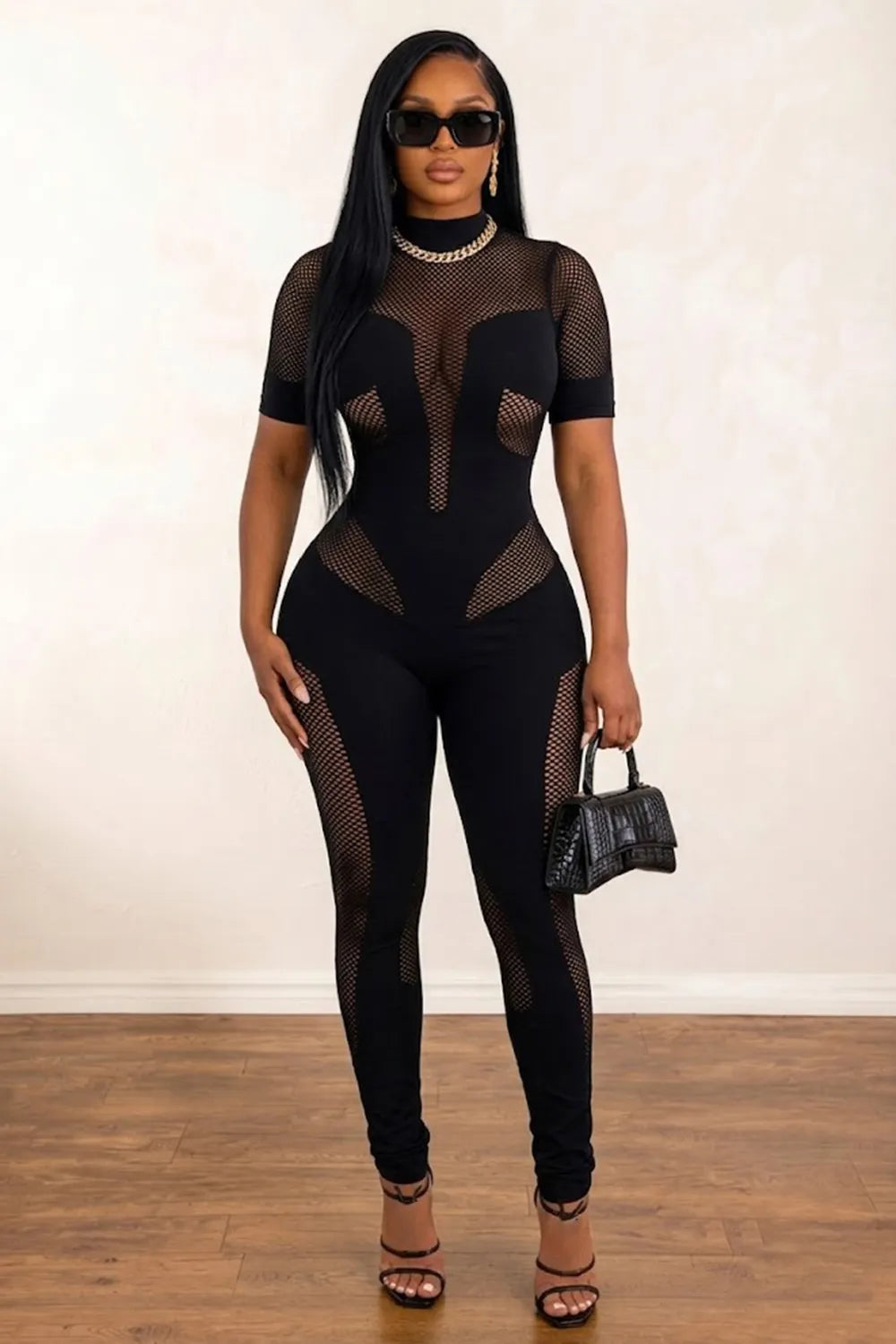 Round Neck Short Sleeve Fishnet Patchwork Solid Color Skinny Jumpsuit-Black