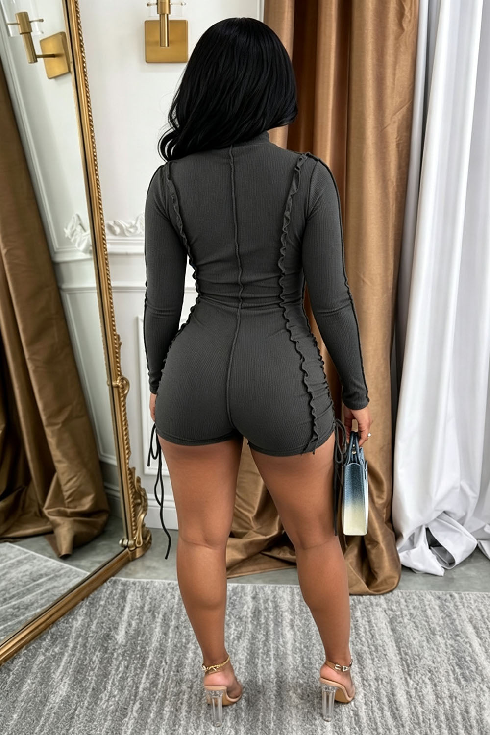 High Neck Long Sleeve Tie Up Solid Color Bodycon Casual Romper Playsuit-Green