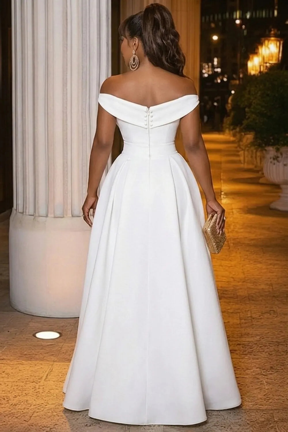 Off Shoulder Cinch Waist Ruffle Trim Hem Gowns Maxi Dresses-White