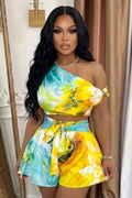 One Shoulder Top High Waist Shorts Casual 2pcs Set