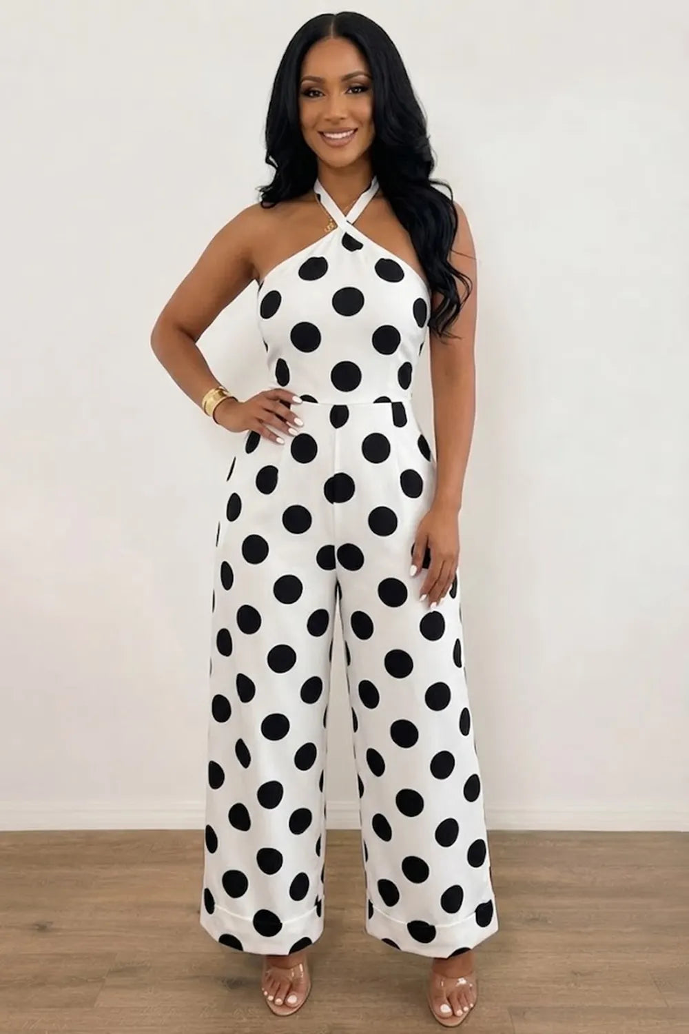 Halter Neck Polka Dot Print Backless Loose Fit Vacation Jumpsuit-White