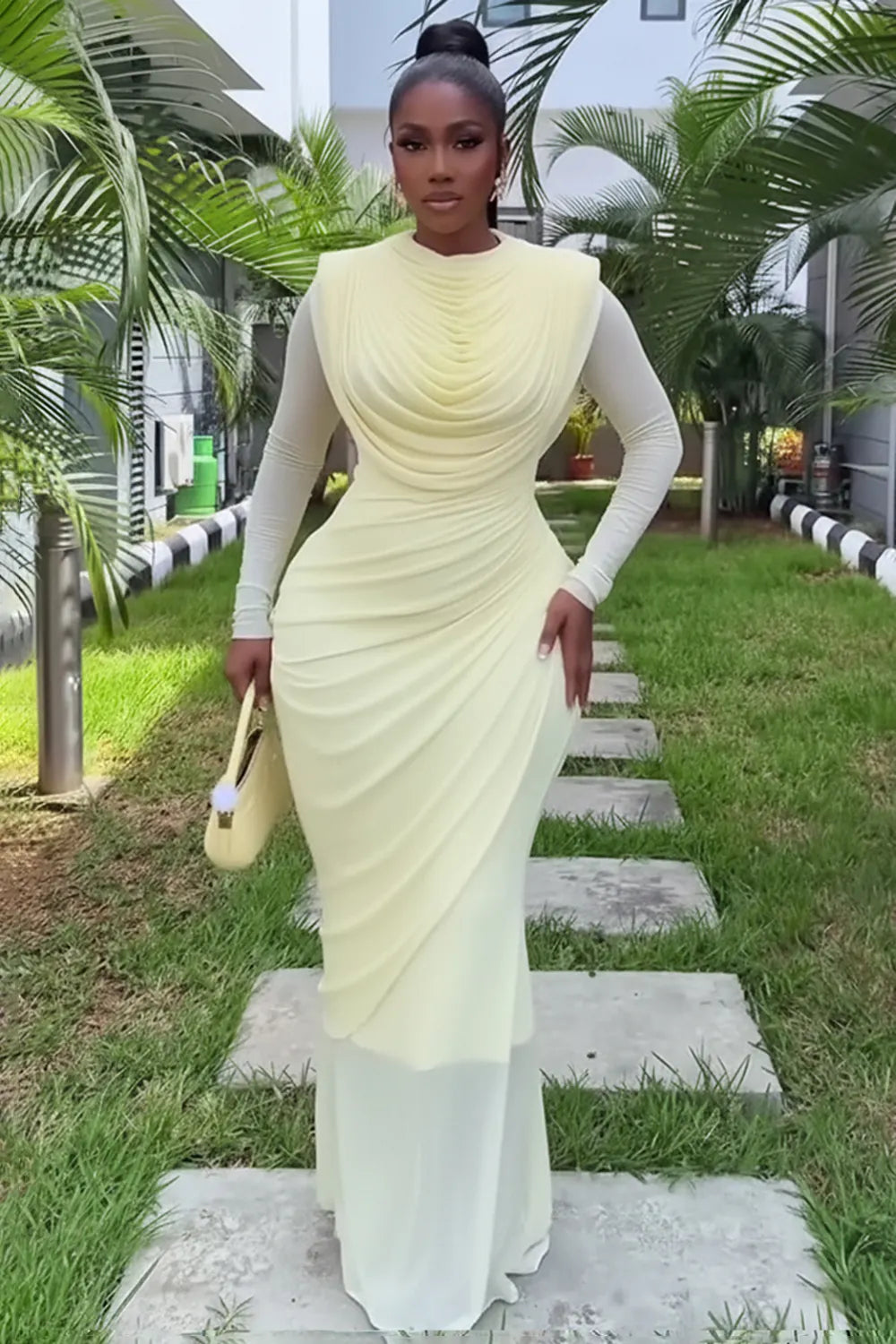 Round Neck Long Sleeve Ruched Slim Fit Gowns Maxi Dresses-Yellow