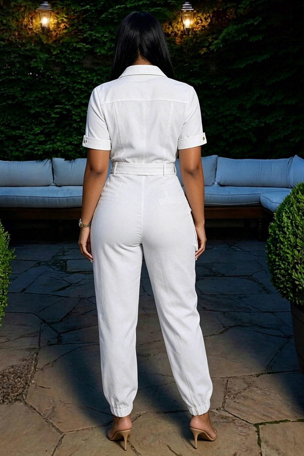 Cargo  Collar Short Sleeve Zipper Casual Jumpsuit-White