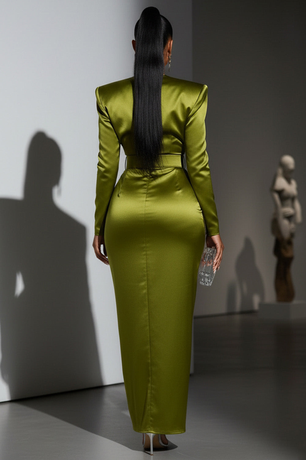 Shoulder Padded Wrinkle Overlap Slit Party Maxi Dresses-Green