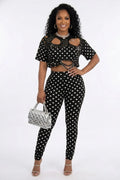 Polka Dot Safty Pin Decor Cutout Short Sleeve Crop Top Pants 2pcs Set-Black