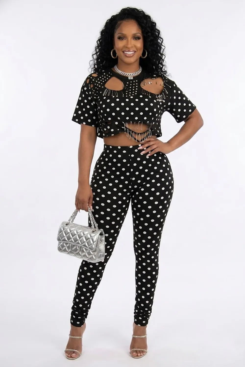Polka Dot Safty Pin Decor Cutout Short Sleeve Crop Top Pants 2pcs Set-Black