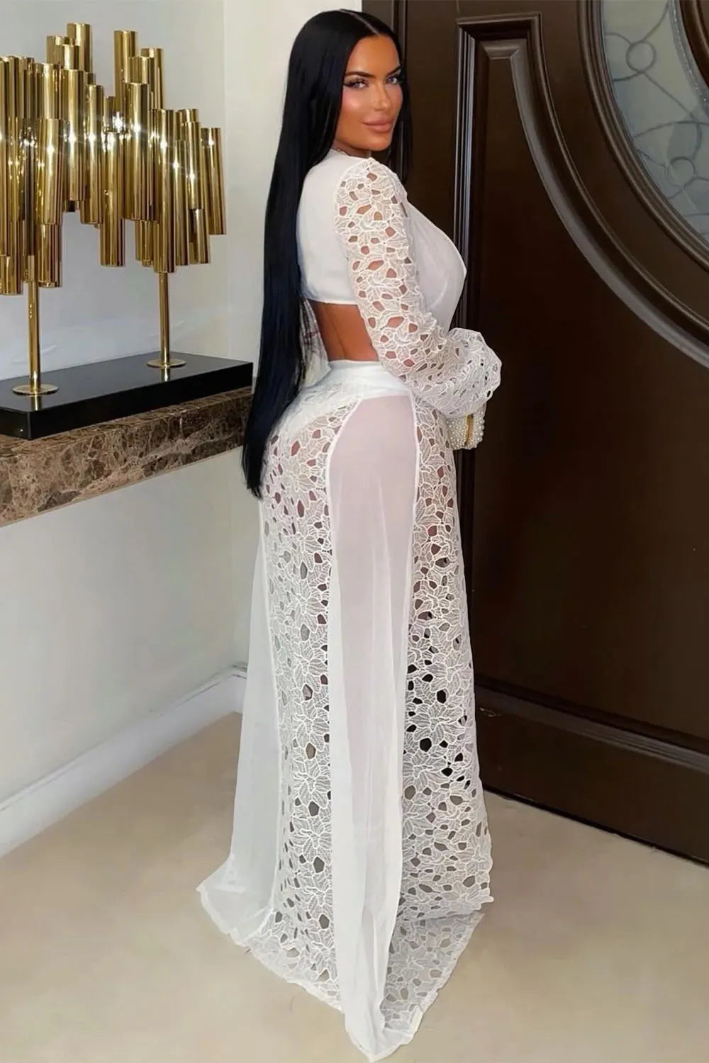 Guipure Lace Cutout Deep V Neck Bodysuit Maxi Skirt Vacation 2pcs Set-White