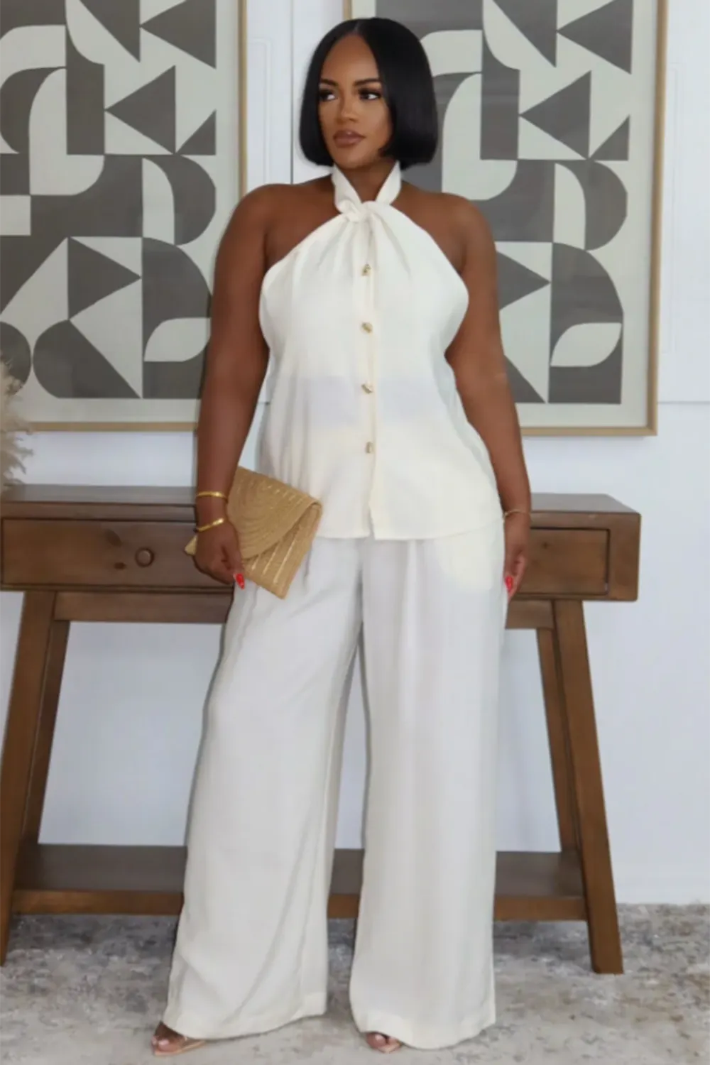Halter Neck Single Breasted Top Wide Leg Pants 2pcs Set-White