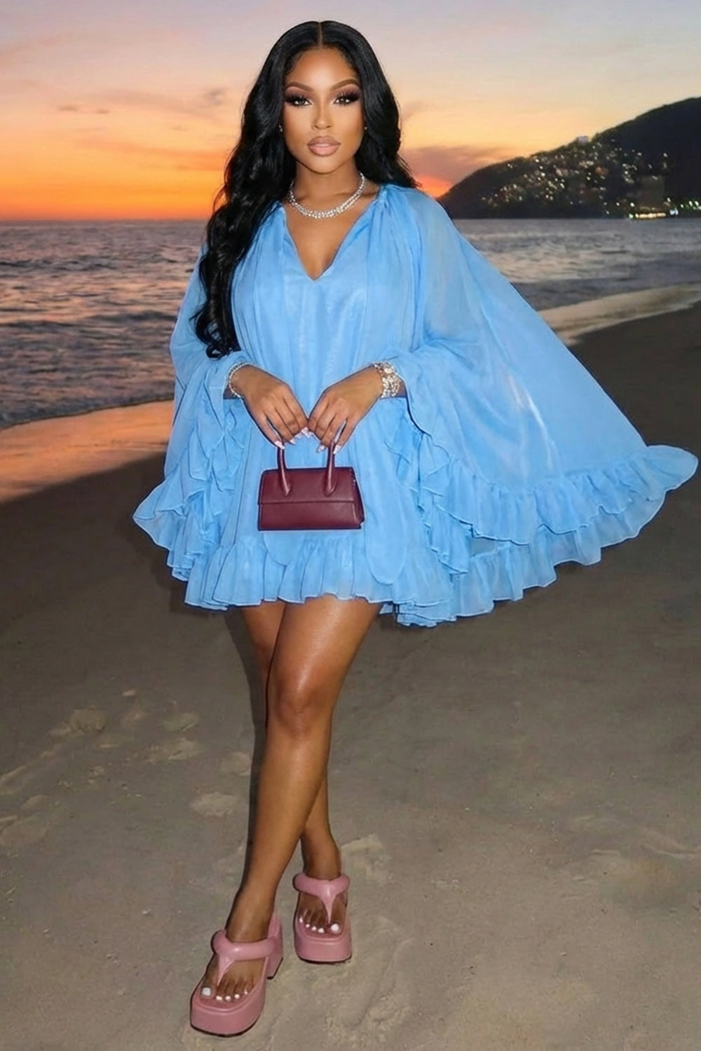 V Neck Cape Sleeve Ruffle Loose Fit Vacation Mini Dresses-Blue