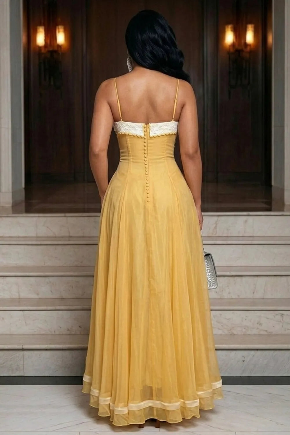 Cami Neck Cinch Waist Contrast Ruffle Hem Maxi Dresses-Yellow