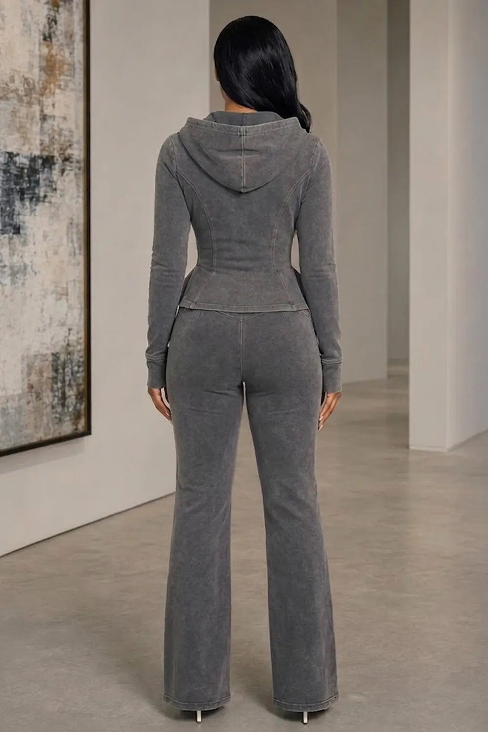 Hot Drilling Hooded Long Sleeve Top Flare Leg Pants 2pcs Set-Gray