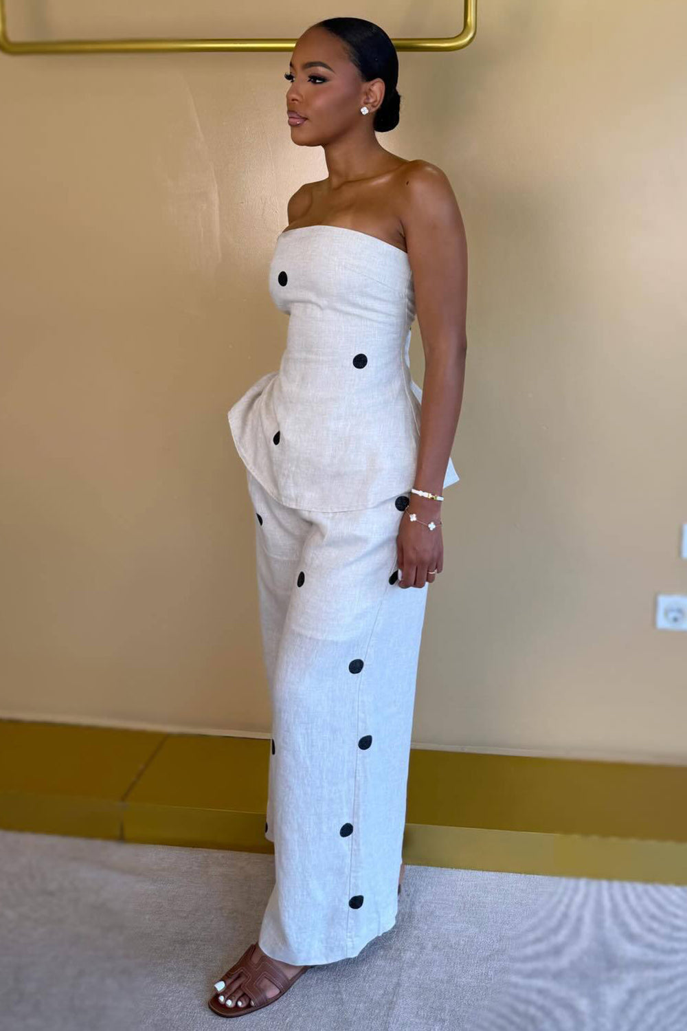 Polka Dot Strapless Back Zipper Slit Top Wide Leg Pants Casual 2pcs Set-White