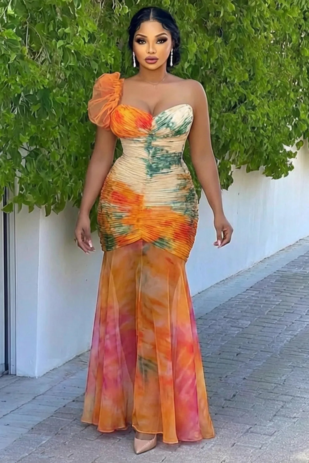 One Shoulder Ruched Mesh Hem Fishtail Maxi Dresses