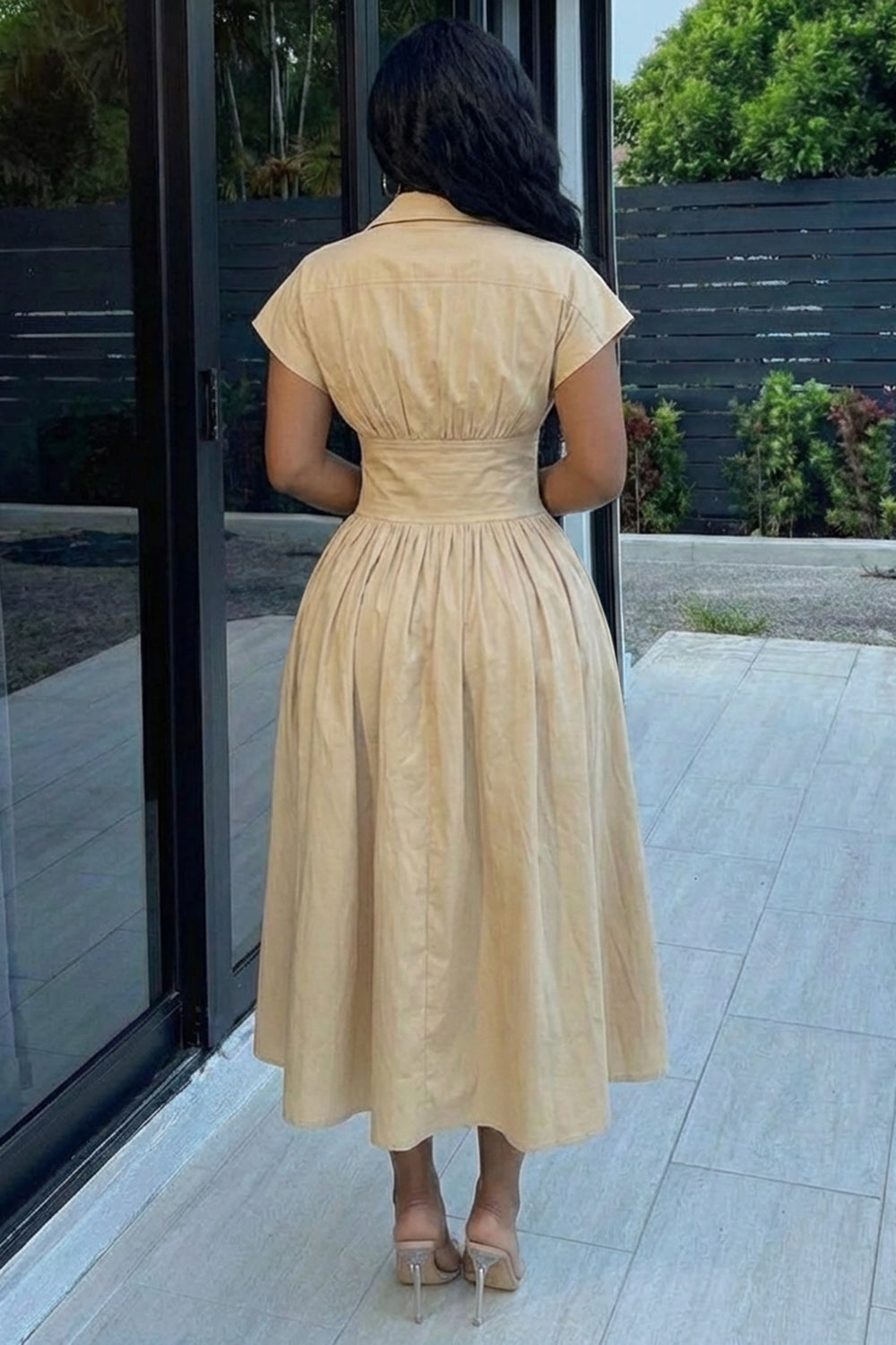 Collar Cinch Waist Ruched Casual Maxi Dresses-Khaki