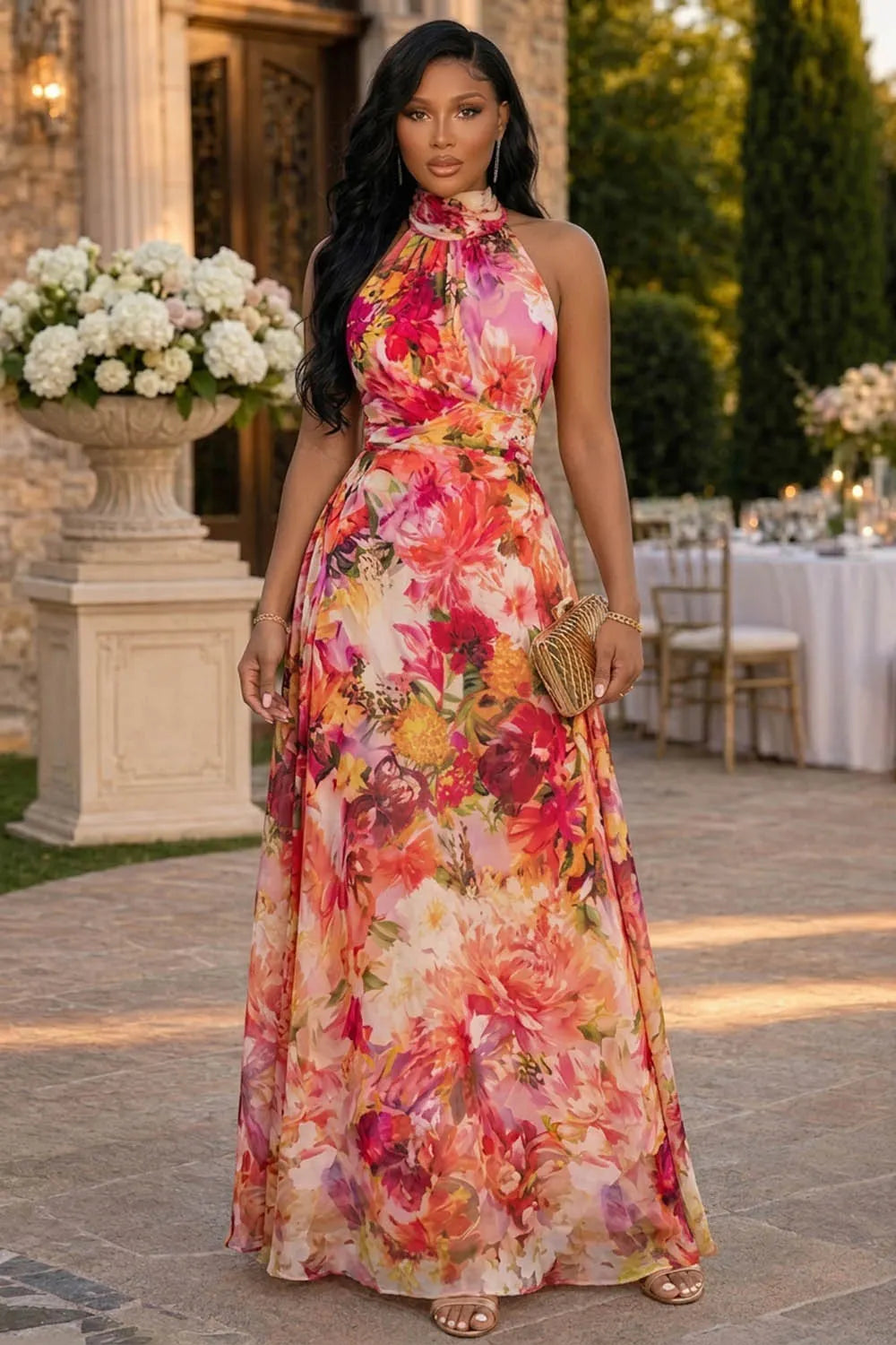All Over Floral Print High Collar Sleeveless Slim Maxi Dresses