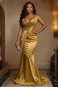 Cowl Neck 3D Floral One Shoulder Sash Mermaid Maxi Dresses-Gold