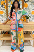All Over Print  Collar Top Pants 2pcs Set