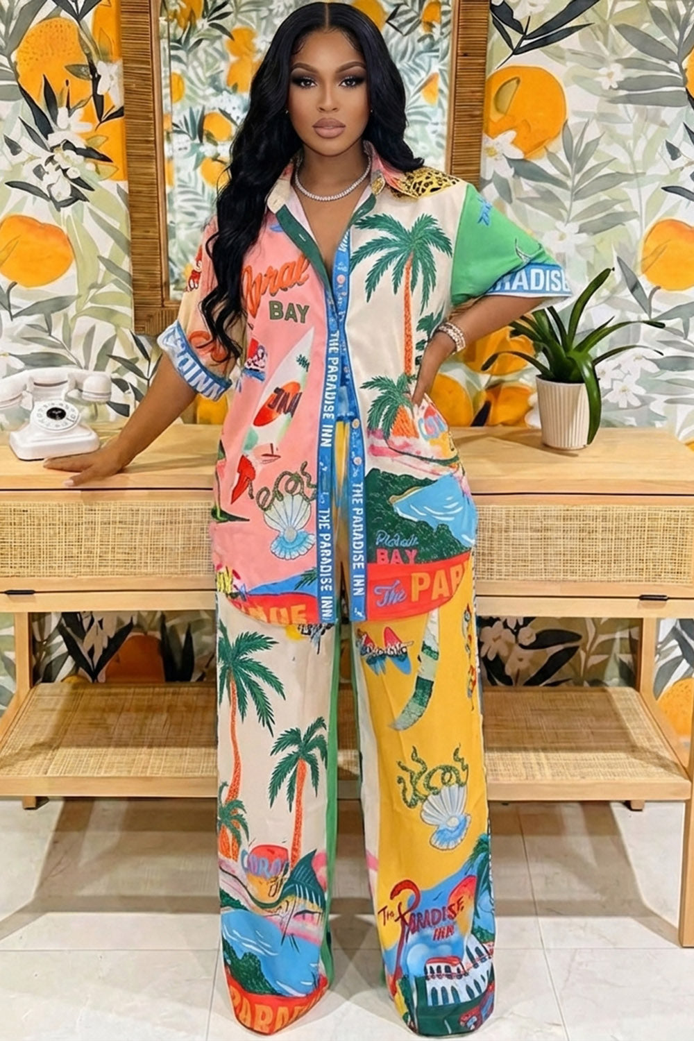 All Over Print  Collar Top Pants 2pcs Set