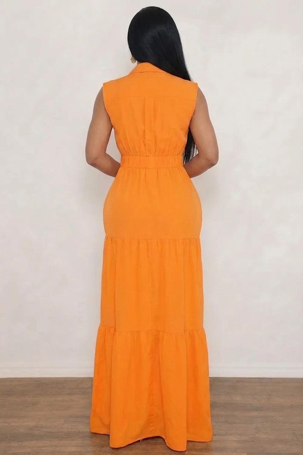 Collar Sleeveless Single Breasted Multi-Pocket Maxi Dresses-Orange