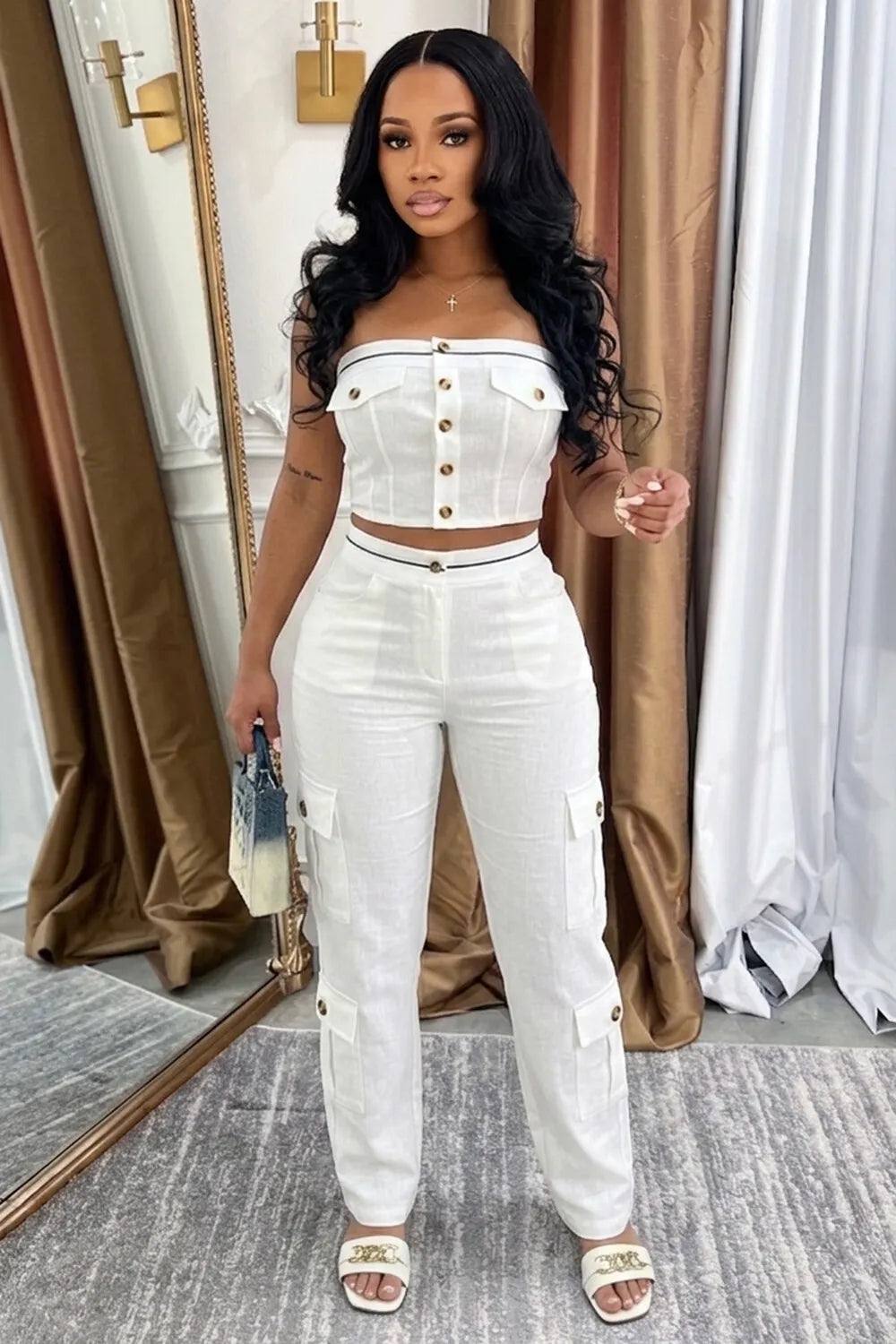 Cargo Strapless Crop Top High Waist Pants Casual 2pcs Set-White