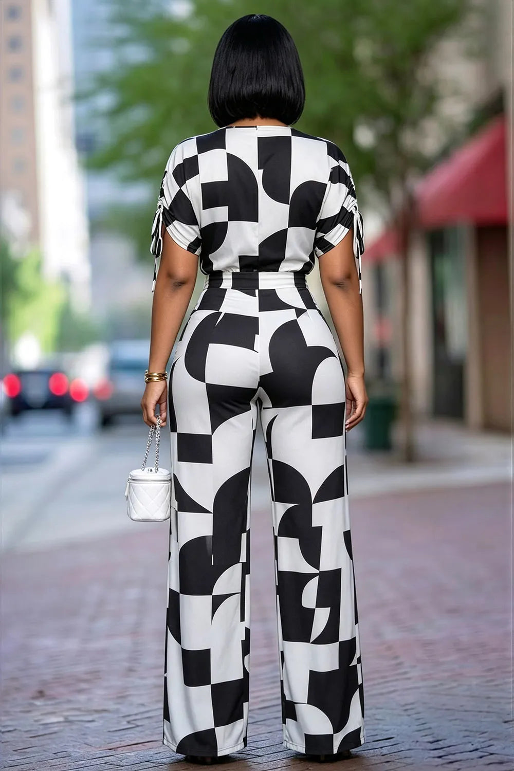 Colorblock V Neck Drawstring Short Sleeve Casual Jumpsuit-Black