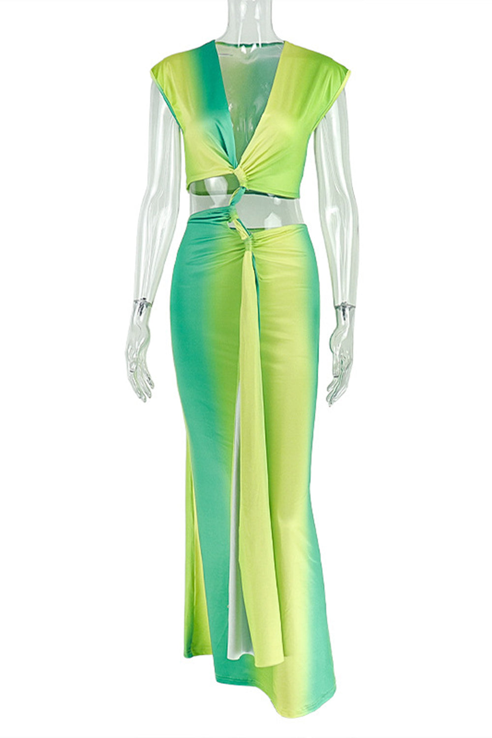 Ombre Color V Neck Cut Out Twisted Knot Bodycon Vacation Maxi Dresses-Green