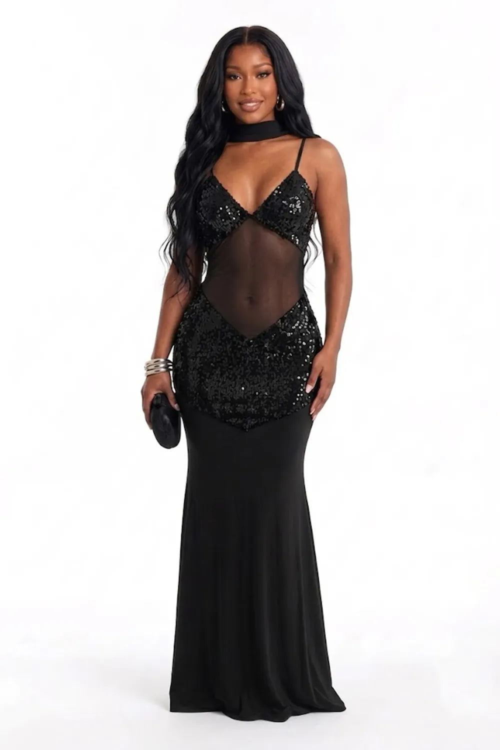 Halter Scarf V Neck Sequin Patchwork Mesh Cami Mermaid Maxi Dresses-White
