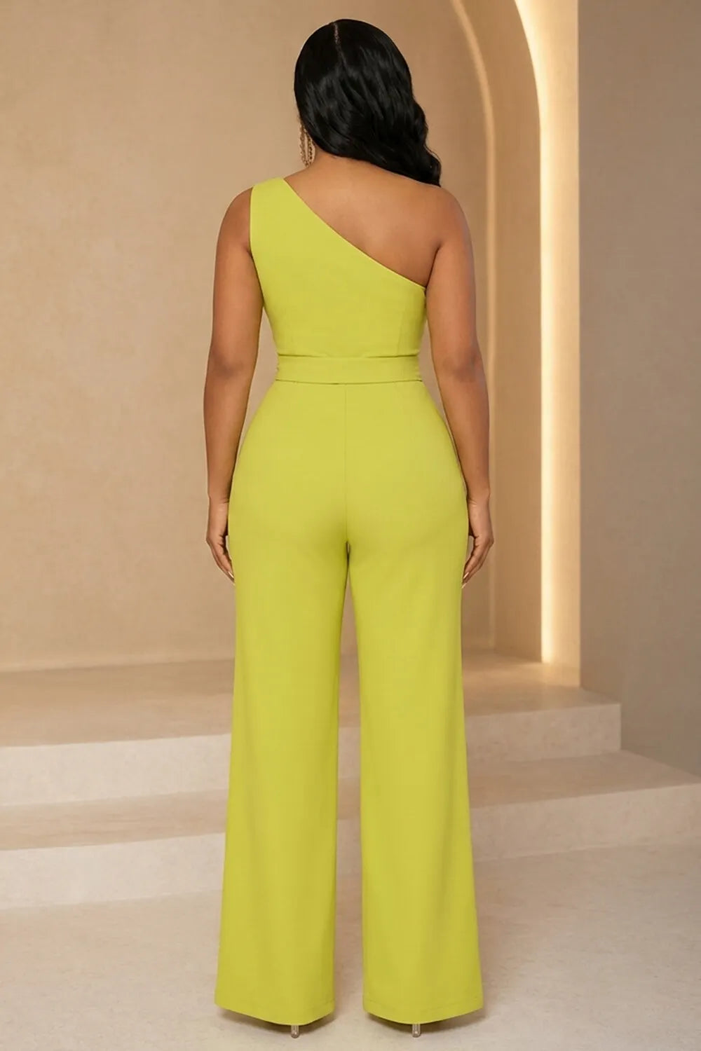 Oblique Collar Metal Decor Split Hem Wide Leg Jumpsuit-Green