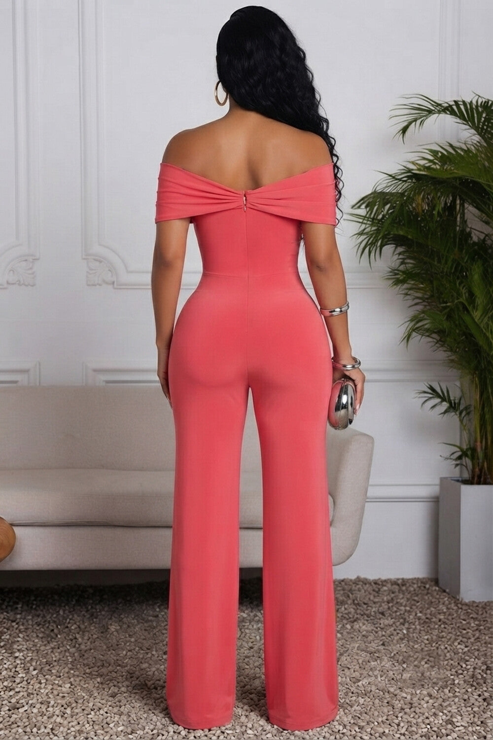 Off Shoulder Cinch Waist Solid Color Wide Leg Jumpsuit-Pink