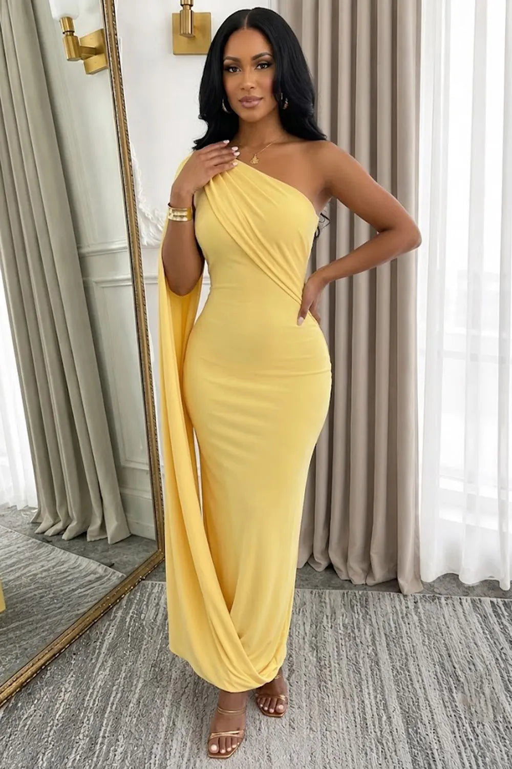 Oblique Collar Irregular Solid Color Bodycon Evening Gowns Maxi Dresses-Black