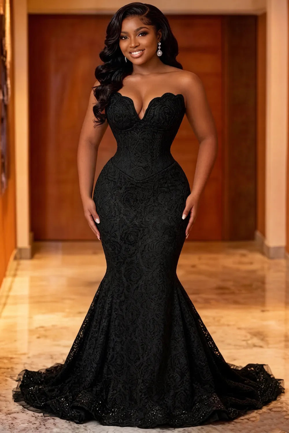 Strapless Back Tie Mermaid Evening Gowns Maxi Dresses-Black
