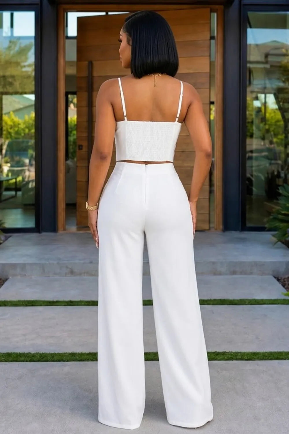 Gold Buttons Smocking Crop Cami Wide Leg Pants Casual 2pcs Set-Yellow