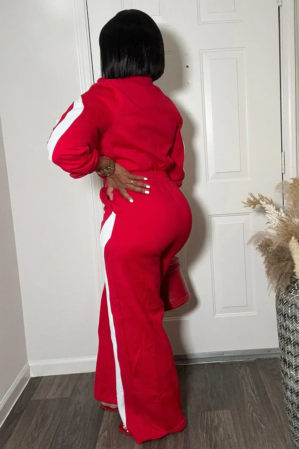 Stand-Up Collar Zip Up Long Sleeve Colorblock Wide Leg Casual Jumpsuit-Red