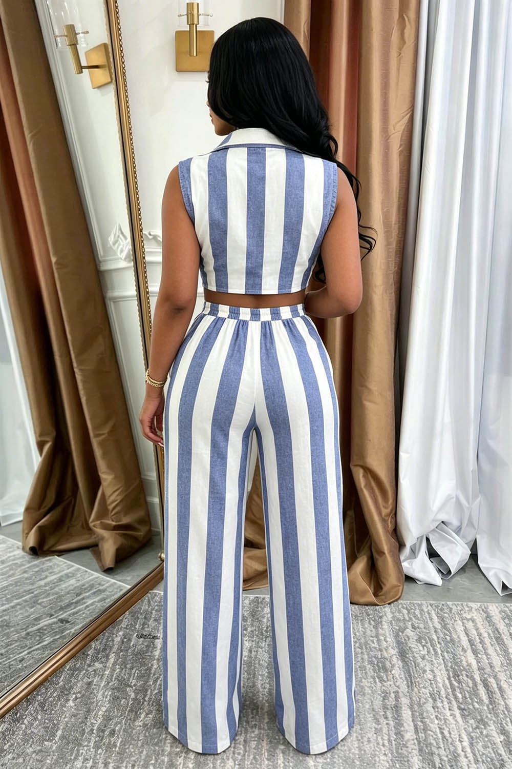 Striped  Collar Sleeveless Top Pants Casual 2pcs Set-Blue