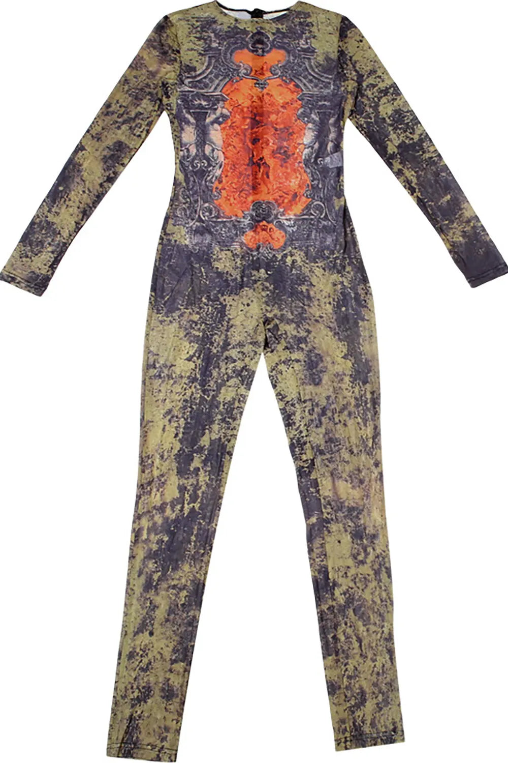 Pattern Print Round Neck Long Sleeve Colorblock Skinny Jumpsuit-Orange