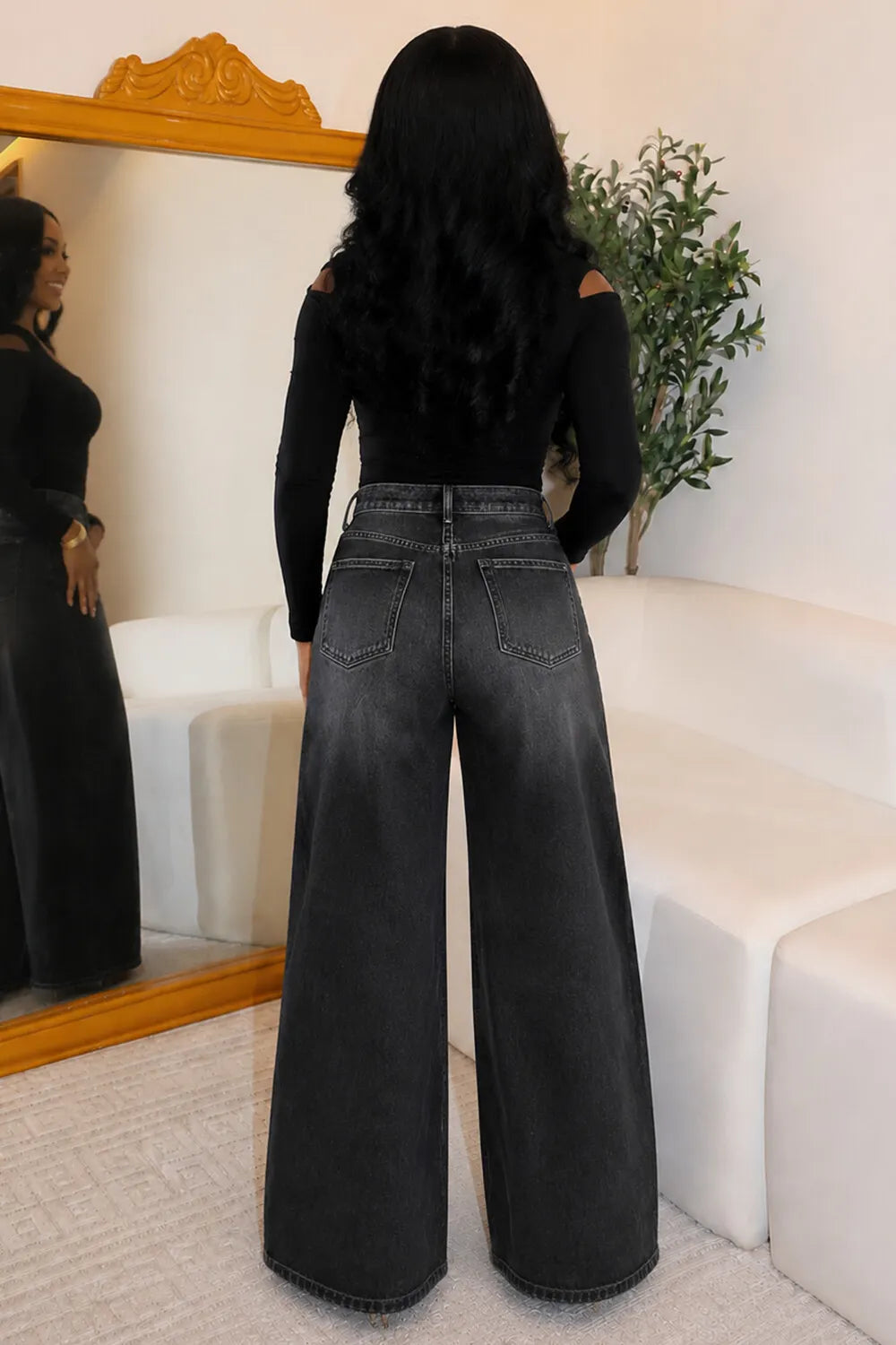 Denim Metal Eyelet Hollow Out Loose Fit Wide Leg Casual Jeans-Blue