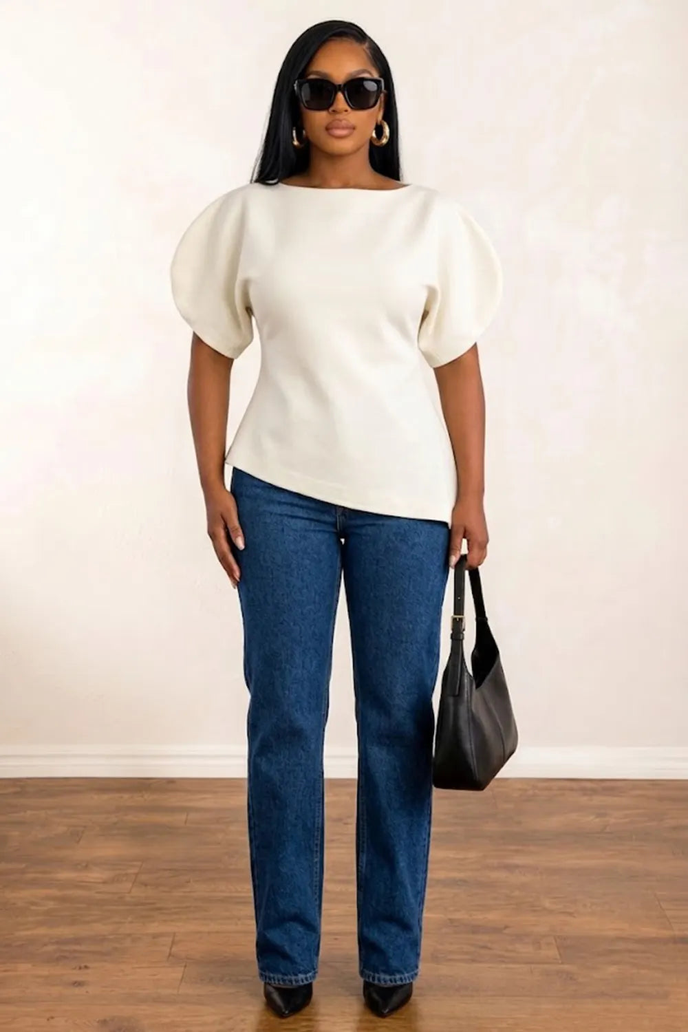 Solid Color Round Neck Bubble Sleeve Cinch Waist Irregular Hem Top-Black